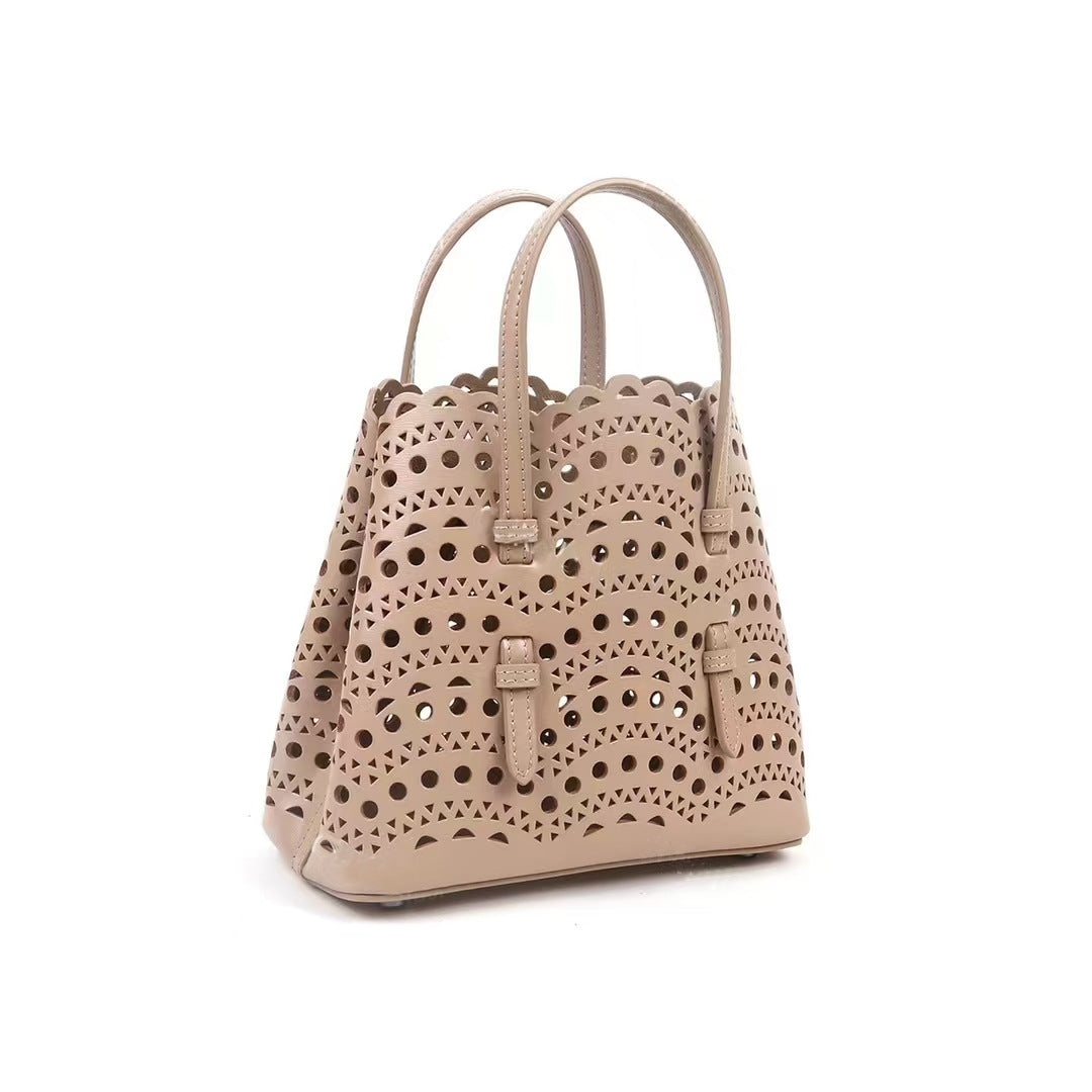 Sac à main en cuir de vachette pour femme, sac à bandoulière simple, petit sac fourre-tout, panier à légumes, fleur sculptée creuse, vague de qualité supérieure
