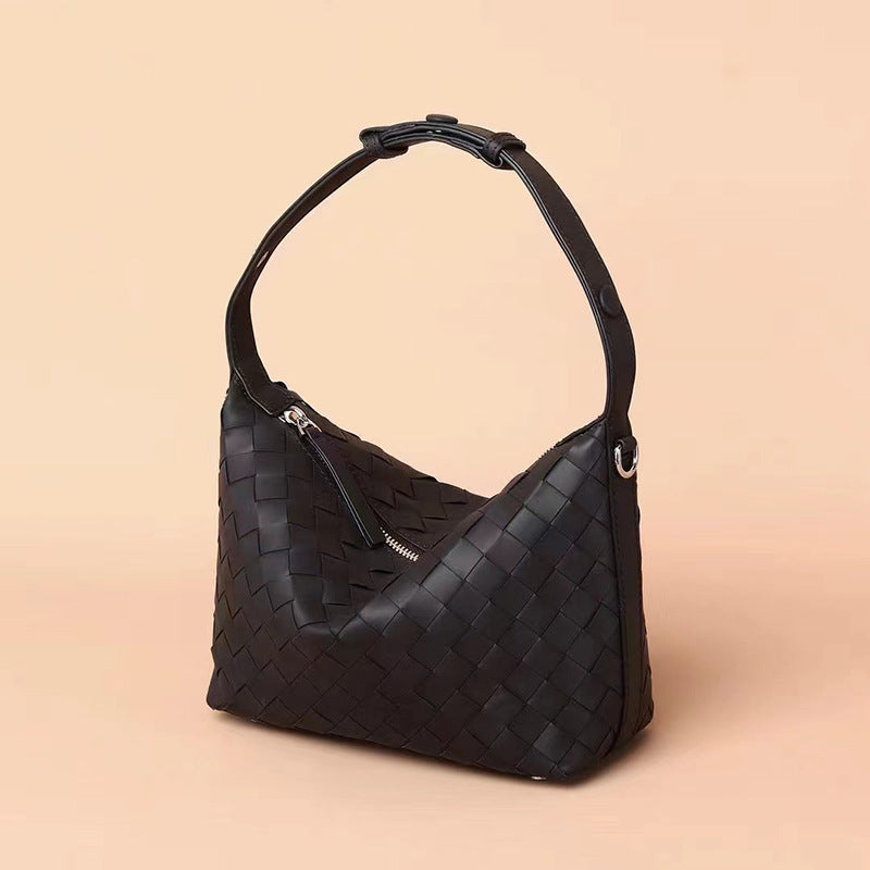 Sac à bandoulière en cuir véritable pour femme, sac tissé en peau de vache, sac à bandoulière texturé de niche, sac à main tissé pour navetteurs, sac à aisselle