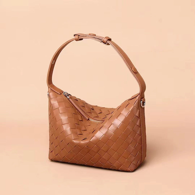 Sac à bandoulière en cuir véritable pour femme, sac tissé en peau de vache, sac à bandoulière texturé de niche, sac à main tissé pour navetteurs, sac à aisselle
